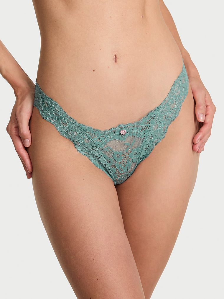 Victoria's Secret, Dream Angels Lace Brazilian Panty, Arctic Green, onModelFront, 1 of 4 Maggie is 5'7" and wears Small