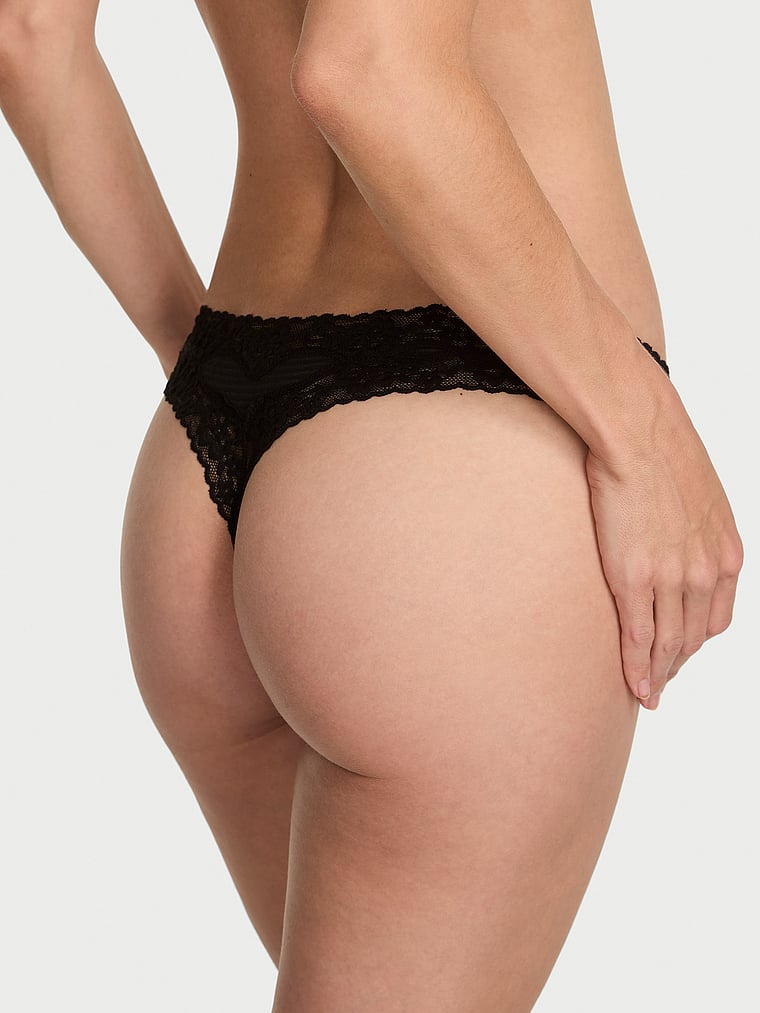 Victoria's Secret, Lace Trim Cotton Shadow Stripe Lace-Waist Thong Panty, Black, onModelBack, 2 of 3 Maggie is 5'7" or 170cm and wears Small
