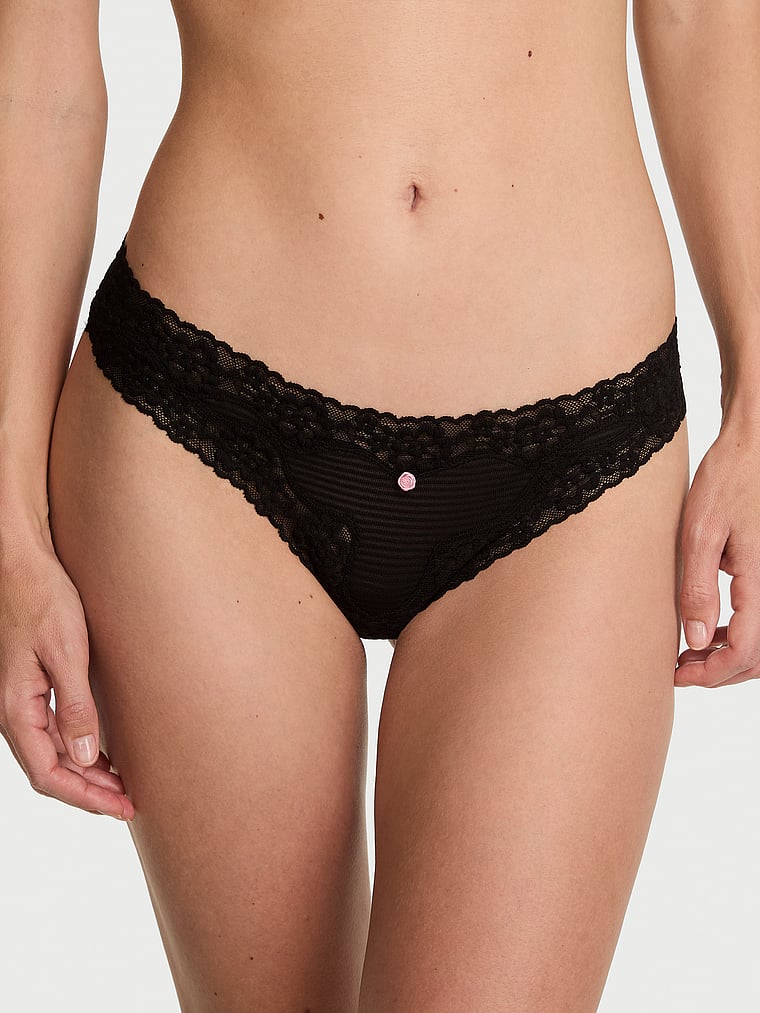 Victoria's Secret, Lace Trim Cotton Shadow Stripe Lace-Waist Thong Panty, Black, onModelFront, 1 of 3 Maggie is 5'7" or 170cm and wears Small