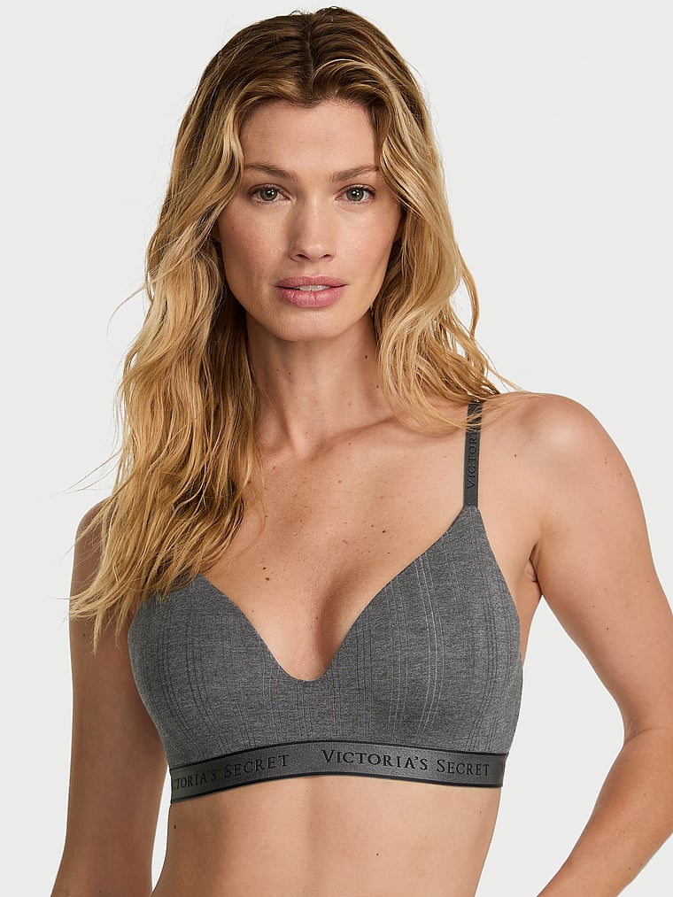 Victoria's Secret, The T-shirt Lightly Lined Wireless Bra, Heather Anthracite, onModelFront, 1 of 4 Maggie is 5'7" or 170cm and wears 32B or Small