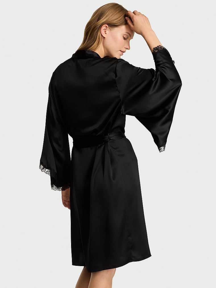 Victoria's Secret, Very Sexy Satin Rose Lace-Trim Midi Robe, Black, onModelBack, 2 of 3 Lotta is 5'10" and wears Small