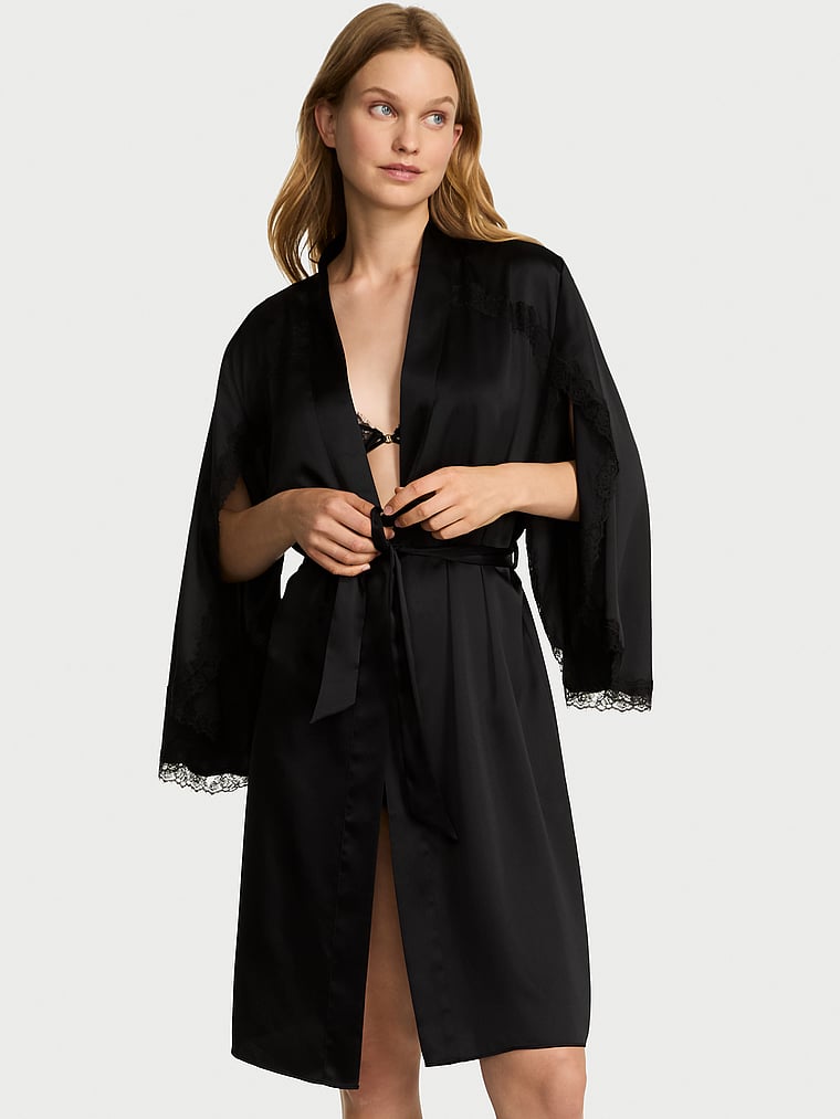 Victoria's Secret, Very Sexy Satin Rose Lace-Trim Midi Robe, Black, onModelFront, 1 of 3 Lotta is 5'10" and wears Small