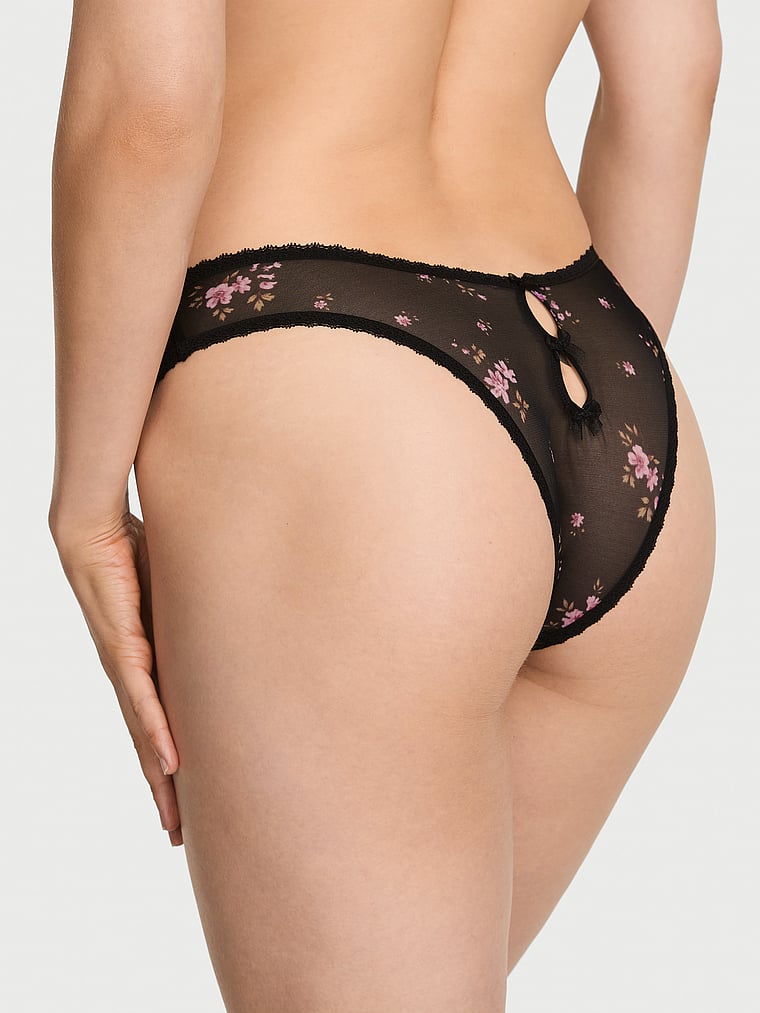 Victoria's Secret, Dream Angels Sheer Lace-Trim Brazilian Panty, Black Ditsy Print, onModelBack, 2 of 3 Lotta is 5'10" or 178cm and wears Small