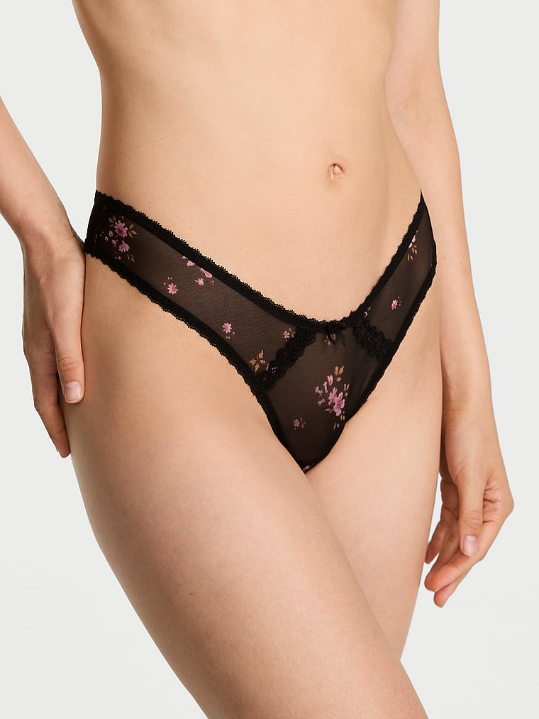 Victoria's Secret, Dream Angels Sheer Lace-Trim Brazilian Panty, Black Ditsy Print, onModelFront, 1 of 3 Lotta is 5'10" or 178cm and wears Small