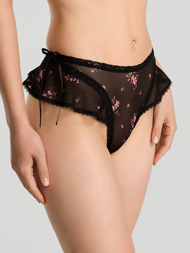 Victoria's Secret, Dream Angels Sheer Flutter High-Leg Thong Panty, Black Floral, onModelFront, 3 of 4 Lotta is 5'10" or 178cm and wears Small
