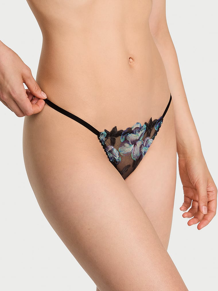 Victoria's Secret, Very Sexy Electric Orchid Embroidery V-String Panty, Black Orchid, onModelFront, 1 of 5 Lotta is 5'10" and wears Small