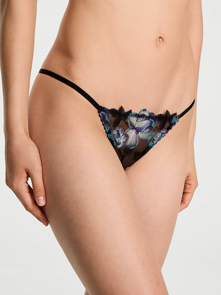 Victoria's Secret, Very Sexy Electric Orchid Embroidery Open-Back String Bikini Panty, Black Orchid, onModelFront, 1 of 5 Lotta is 5'10" or 178cm and wears Small