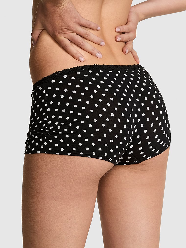 PINK Cotton Dorm Boyshort Panty, Black White Dot Print, onModelBack, 2 of 3 Scarlett is 5'11" or 180cm and wears Small