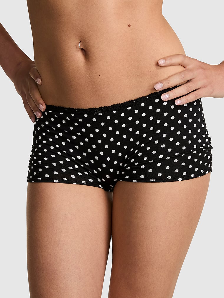 PINK Cotton Dorm Boyshort Panty, Black White Dot Print, onModelFront, 1 of 3 Scarlett is 5'11" or 180cm and wears Small