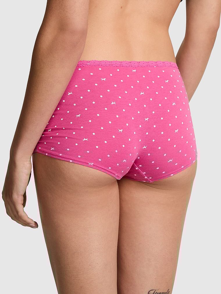 PINK Cotton Dorm Boyshort Panty, Pink Gossip Dot Dog Print, onModelBack, 2 of 3 Scarlett is 5'11" or 180cm and wears Small