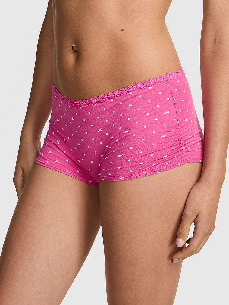 PINK Cotton Dorm Boyshort Panty, Pink Gossip Dot Dog Print, onModelFront, 1 of 3 Scarlett is 5'11" or 180cm and wears Small