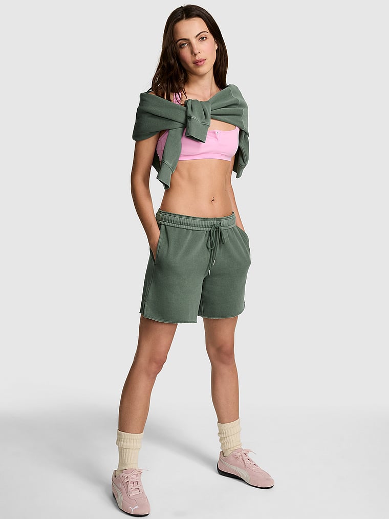 PINK Campus Fleece Shorts, Wild Thyme, onModelFront, 1 of 4 Scarlett is 5'11" or 180cm and wears Small