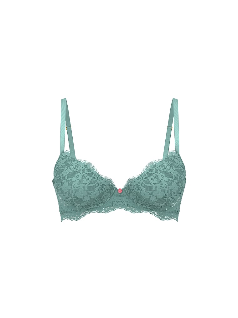 Victoria's Secret, Dream Angels Lace Lightly Lined Classic Coverage Demi Bra, Arctic Green, offModelFront, 4 of 5