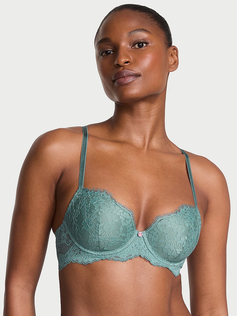 Victoria's Secret, Dream Angels Lace Lightly Lined Classic Coverage Demi Bra, Arctic Green, onModelFront, 1 of 5 Tsheca  is 5'9" or 175cm and wears 34B or Small