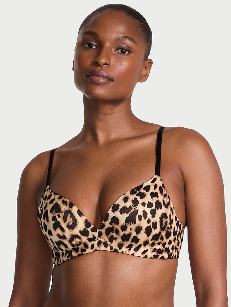 Victoria's Secret, Very Sexy So Obsessed Smooth Wireless Push-Up Bra, Leopard Print, onModelFront, 1 of 4 Tsheca  is 5'9" and wears 34B or Small