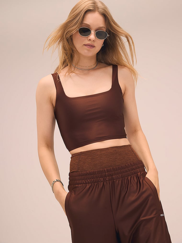 Victoria's Secret, VSX VSX GlossyTech™ Square-Neck Bra Top, Ganache, onModelSide, 1 of 4 Lotta is 5'10" or 178cm and wears 34B or Small