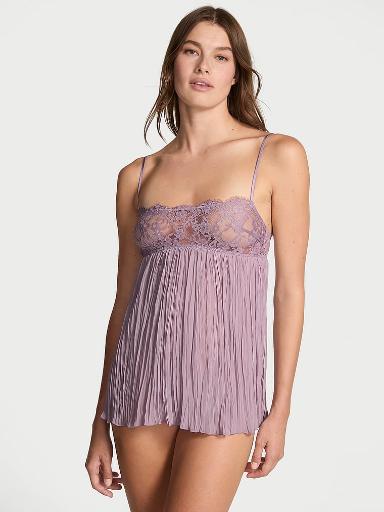 Victoria's Secret, Dream Angels Dare to Dream Lace Pleated Babydoll Set, Deep Hyacinth, onModelFront, 1 of 3 Mackenzie is 5'10" and wears 34B or Small