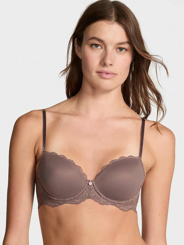 Victoria's Secret, Dream Angels Pretty Petals Lightly Lined Demi Bra, Cloudy Grey, onModelFront, 1 of 3 Mackenzie is 5'10" or 178cm and wears 34B or Small