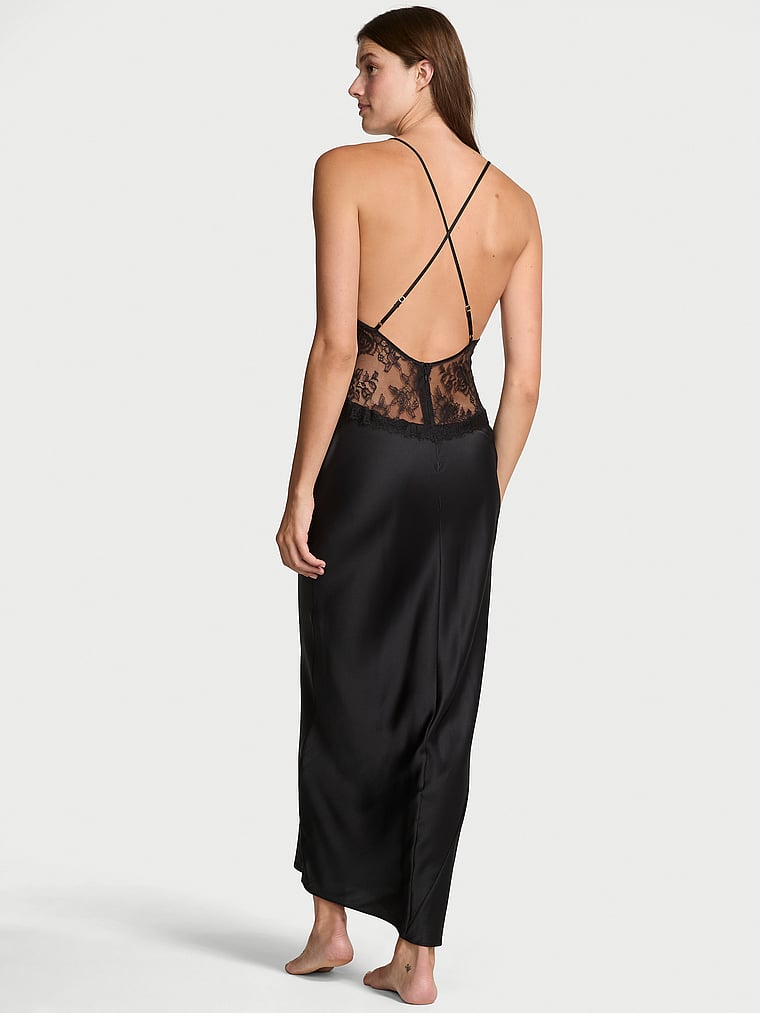 Victoria's Secret, Very Sexy Satin Rose Lace Long Slip Dress, Black, onModelBack, 2 of 4 Mackenzie is 5'10" and wears Small