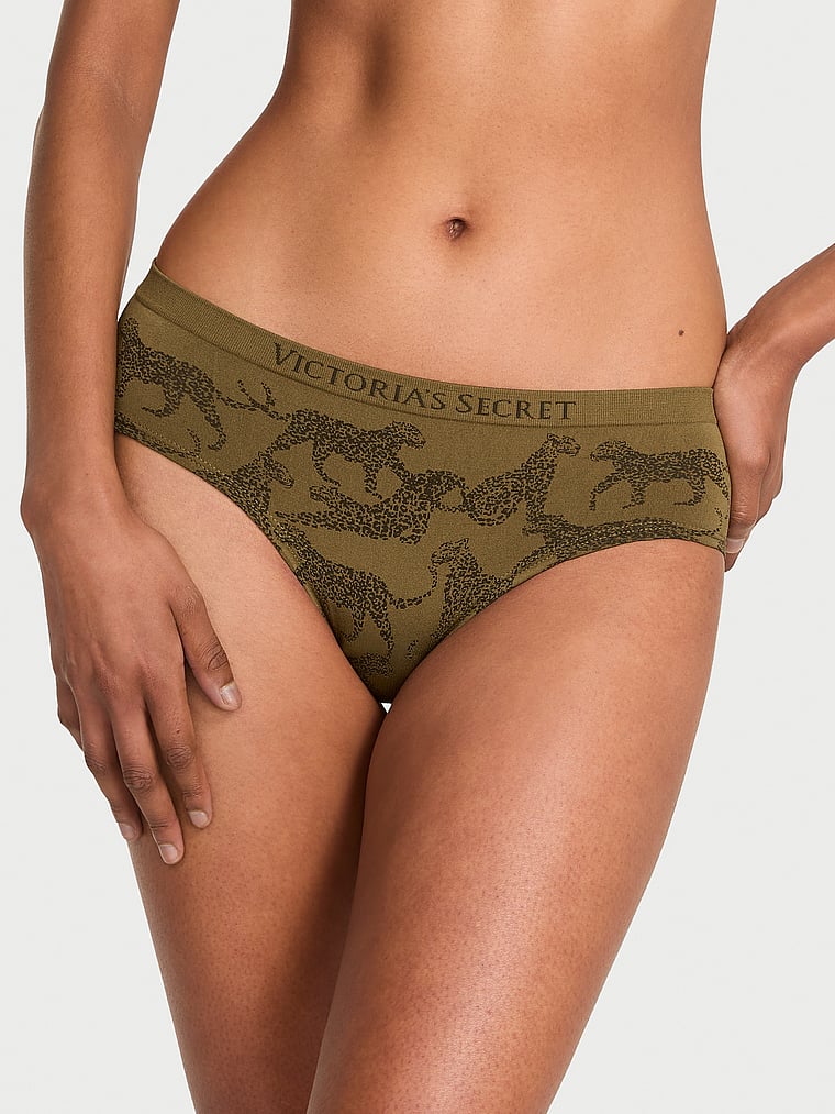 Victoria's Secret, Seamless Seamless Hiphugger Panty, Green Chameleon Leopards, onModelFront, 1 of 3 Shaanti is 5'9" and wears Small