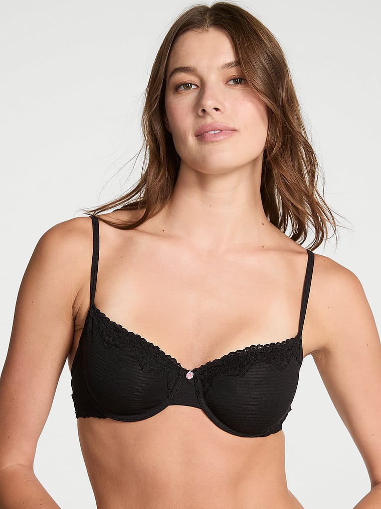 Victoria's Secret, The T-shirt Cotton Shadow Stripe Unlined Demi Bra, Black, onModelFront, 1 of 4 Mackenzie is 5'10" or 178cm and wears 34B or Small
