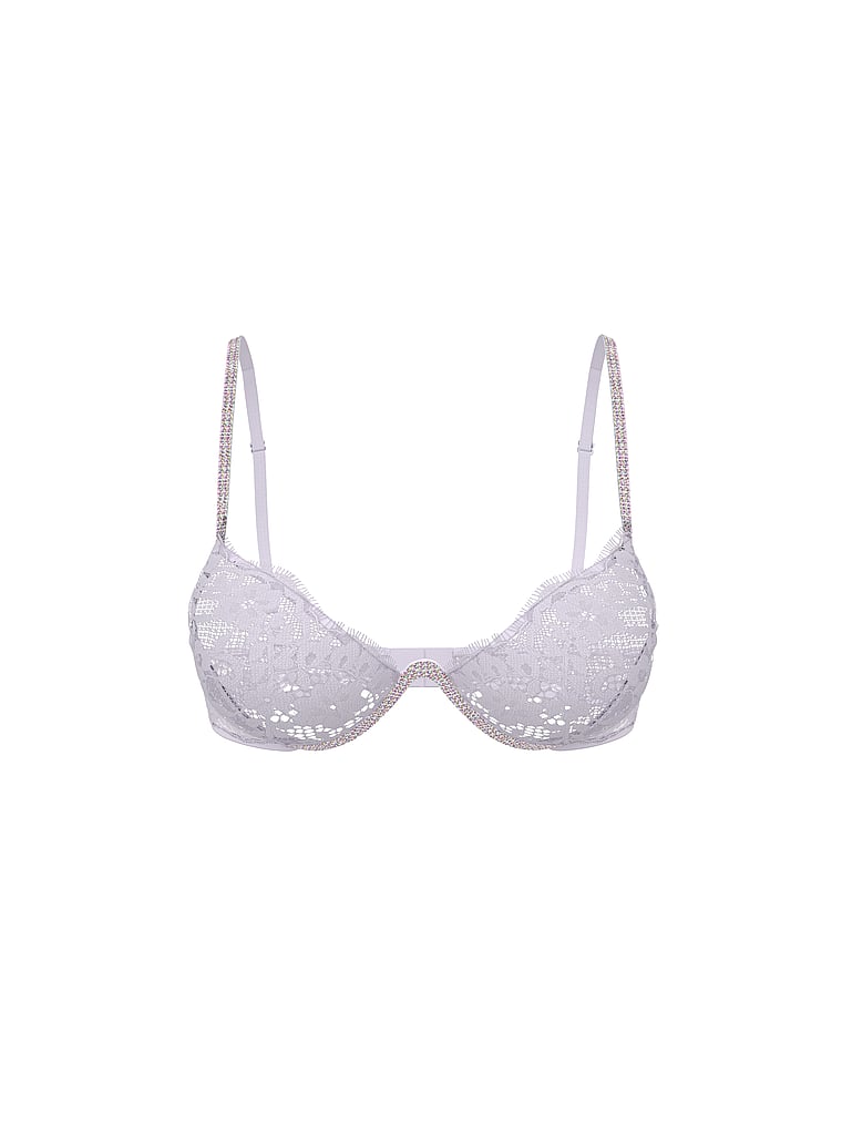 Victoria's Secret, Dream Angels Twinkle Lace Monowire Unlined Bra, Feather Lilac, offModelFront, 2 of 5