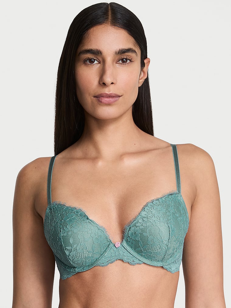 Victoria's Secret, Dream Angels Smooth & Lace Push-Up Bra, Arctic Green, onModelFront, 1 of 4 Anisha is 5'11" or 180cm and wears 34B or Small