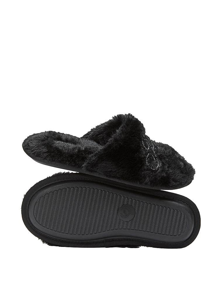PINK Faux-Fur Closed-Toe Slippers, Pure Black Bling Logo, onModelBack, 2 of 2