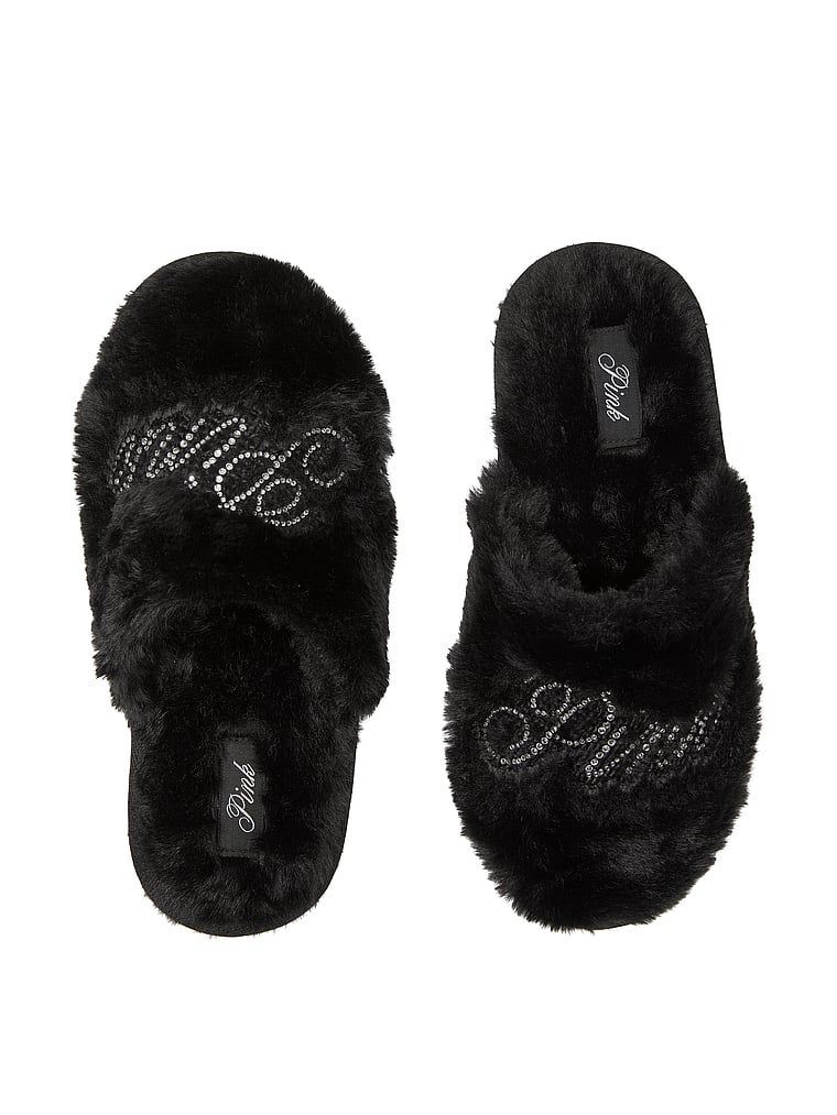 PINK Faux-Fur Closed-Toe Slippers, Pure Black Bling Logo, onModelFront, 1 of 2