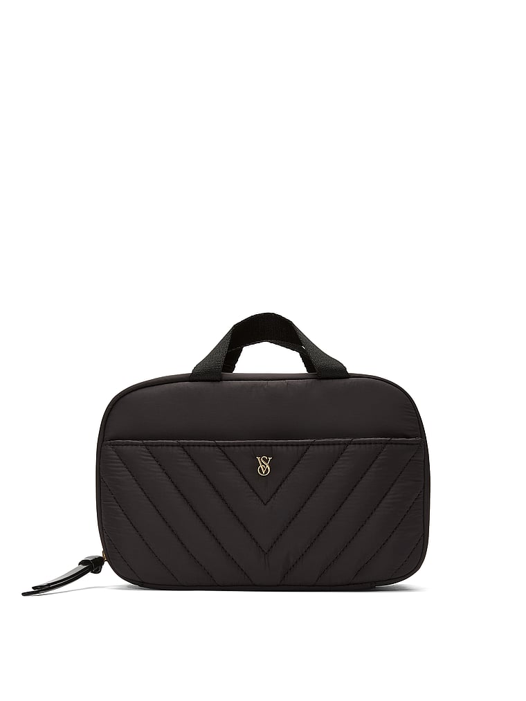 Victoria's Secret, Victoria's Secret Small Travel Toiletry Bag, Black V-Quilt, onModelFront, 1 of 3