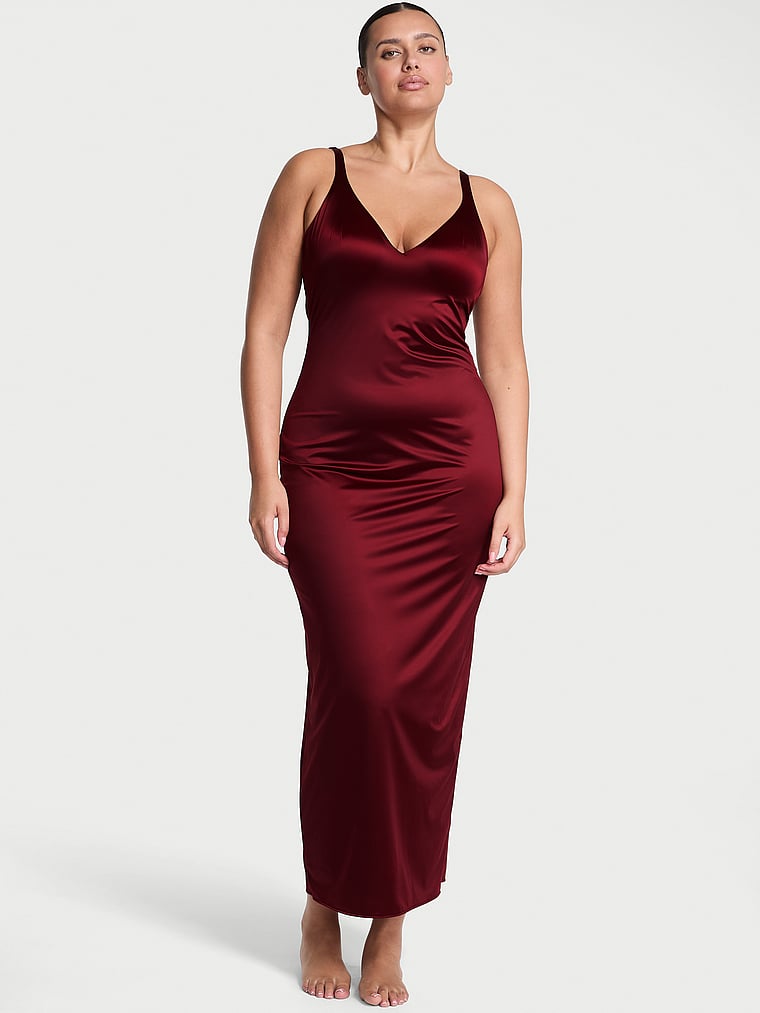 Victoria's Secret, Victoria's Secret SoSleek™ Maxi Slip Dress, Sangria Red, onModelFront, 1 of 5 Karmi is 5'10" and wears 34DD (E) or Large