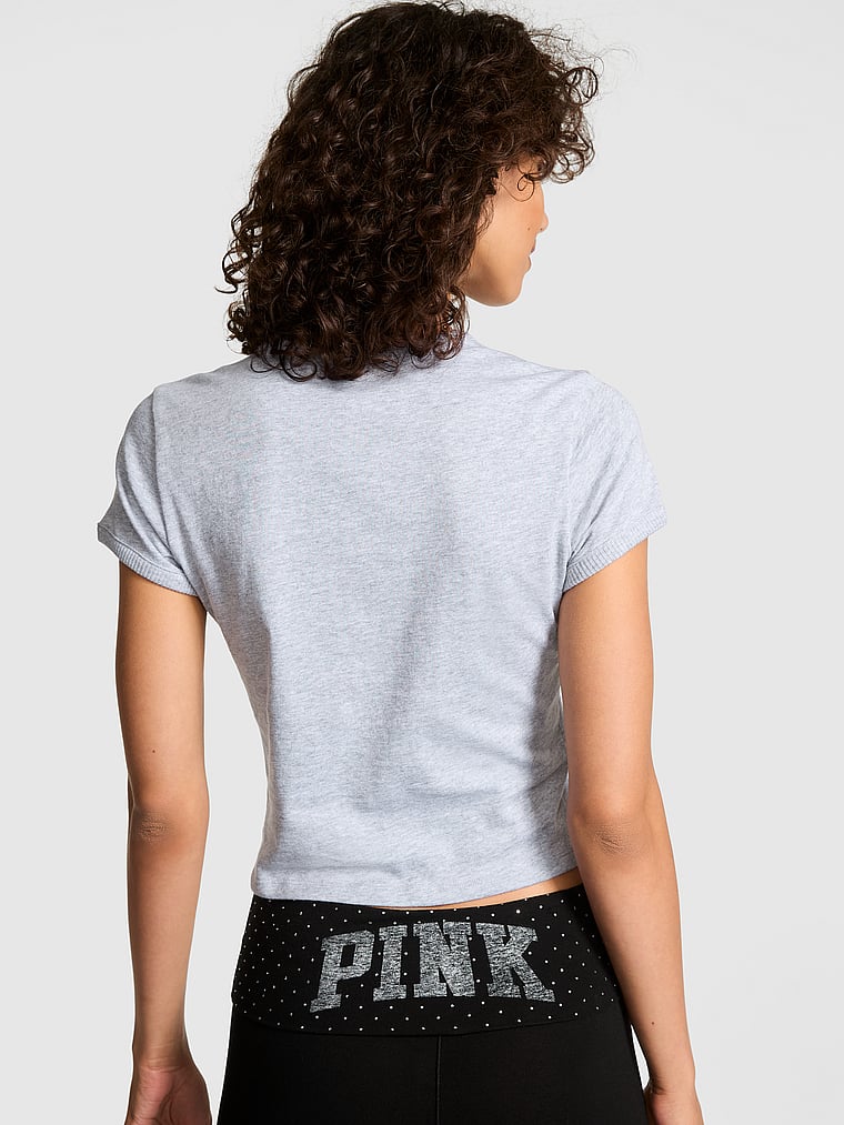 PINK Retro Cotton Tee, Medium heather grey band, detail, 3 of 4 Rae is 5'10" or 178cm and wears Small
