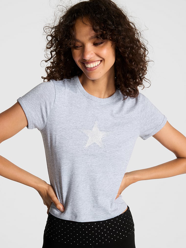 PINK Retro Cotton Tee, Medium heather grey band, onModelSide, 2 of 4 Rae is 5'10" or 178cm and wears Small