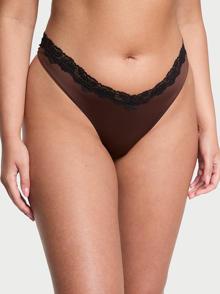 Victoria's Secret, Very Sexy Lace-Trim High-Leg Thong Panty, Ganache, onModelFront, 3 of 4 Karmi is 5'10" or 178cm and wears Large