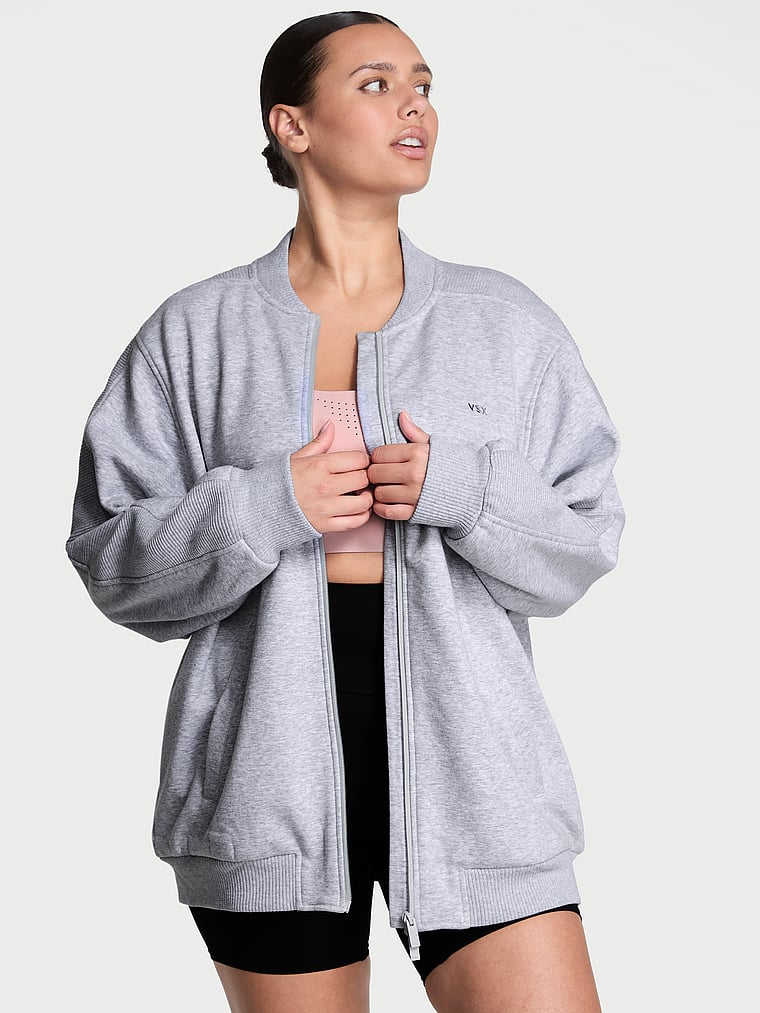 Victoria's Secret, VSX VSX Movement Fleece Jacket, Medium Heather Grey, onModelFront, 3 of 5 Karmi is 5'10" or 178cm and wears Large