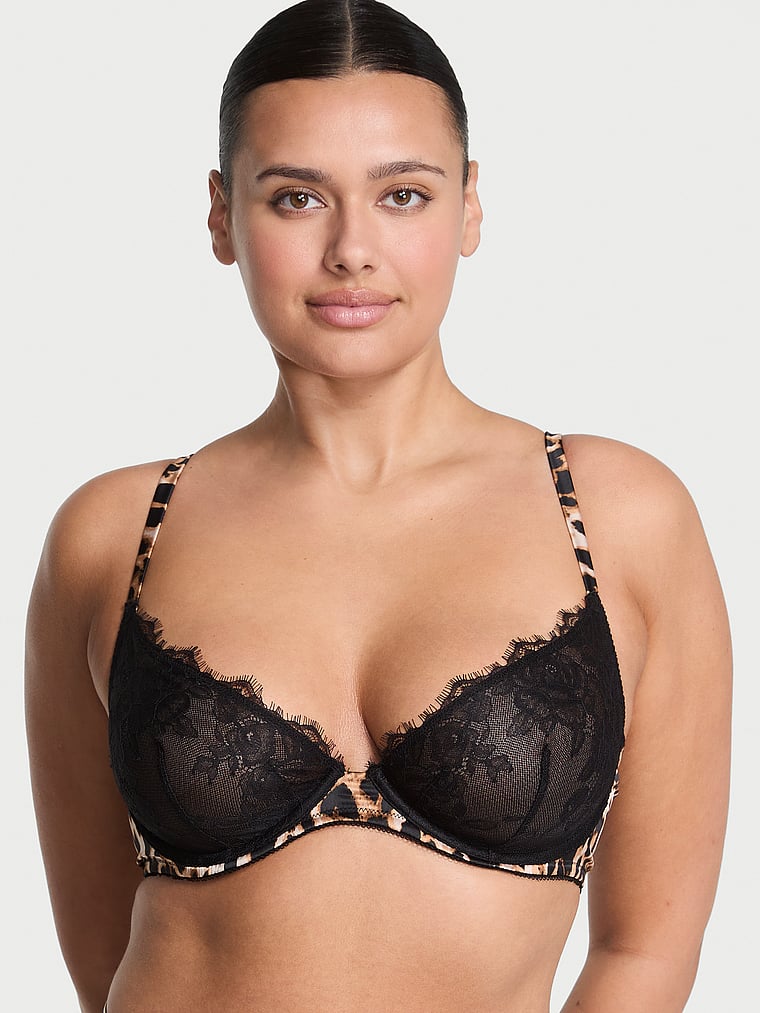 Victoria's Secret, Very Sexy Rose Lace & Satin Unlined Plunge Demi Bra, Leopard, onModelFront, 1 of 5 Karmi is 5'10" or 178cm and wears 34DD (E) or Large