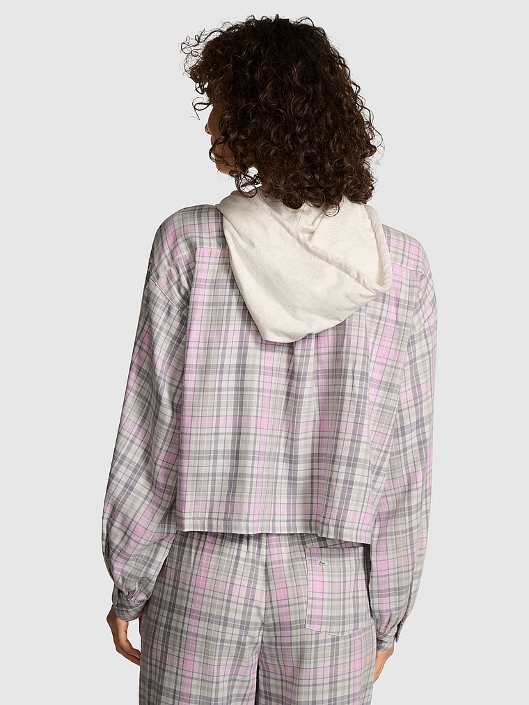 PINK Flannel Hooded Long- Sleeve Top, Silver screen plaid, onModelBack, 2 of 4