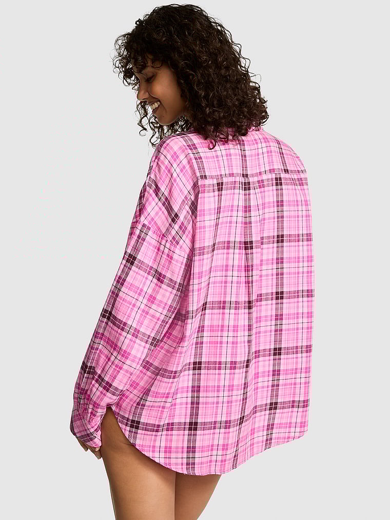 PINK Boyfriend Flannel Button-Down
Sleepshirt, Pink lollipop plaid, onModelBack, 2 of 3