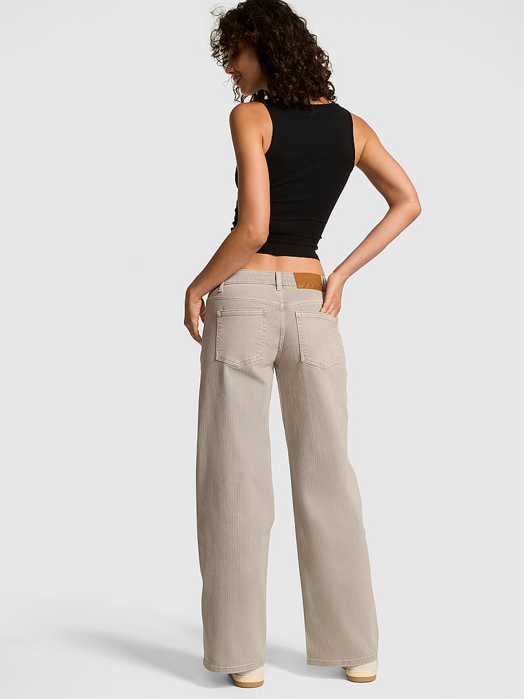 PINK Denim by PINK Mid-Rise Baggy Wide-Leg Jeans, Silver lining grey pinstripe, onModelBack, 3 of 4 Rae is 5'10" or 178cm and wears Small