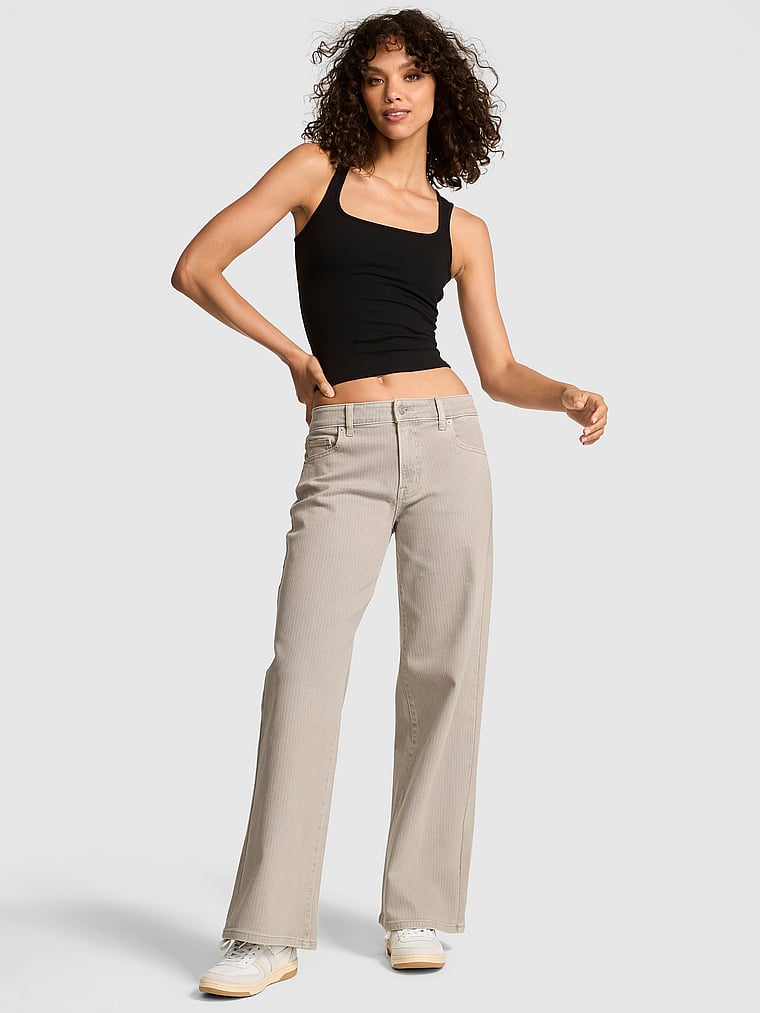 PINK Denim by PINK Mid-Rise Baggy Wide-Leg Jeans, Silver lining grey pinstripe, onModelFront, 2 of 4 Rae is 5'10" or 178cm and wears Small