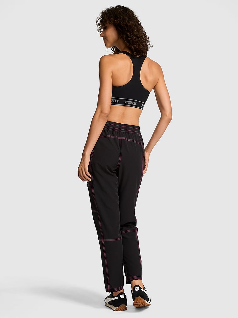 PINK Tech Woven Seamed Wide-Leg Pants, Pure Black, onModelBack, 2 of 5 Rae is 5'10" and wears Small