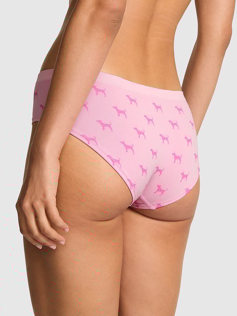 PINK Seamless Hiphugger Panty, Pink Tulip Dog Print, onModelBack, 2 of 3 Rae is 5'10" and wears Small