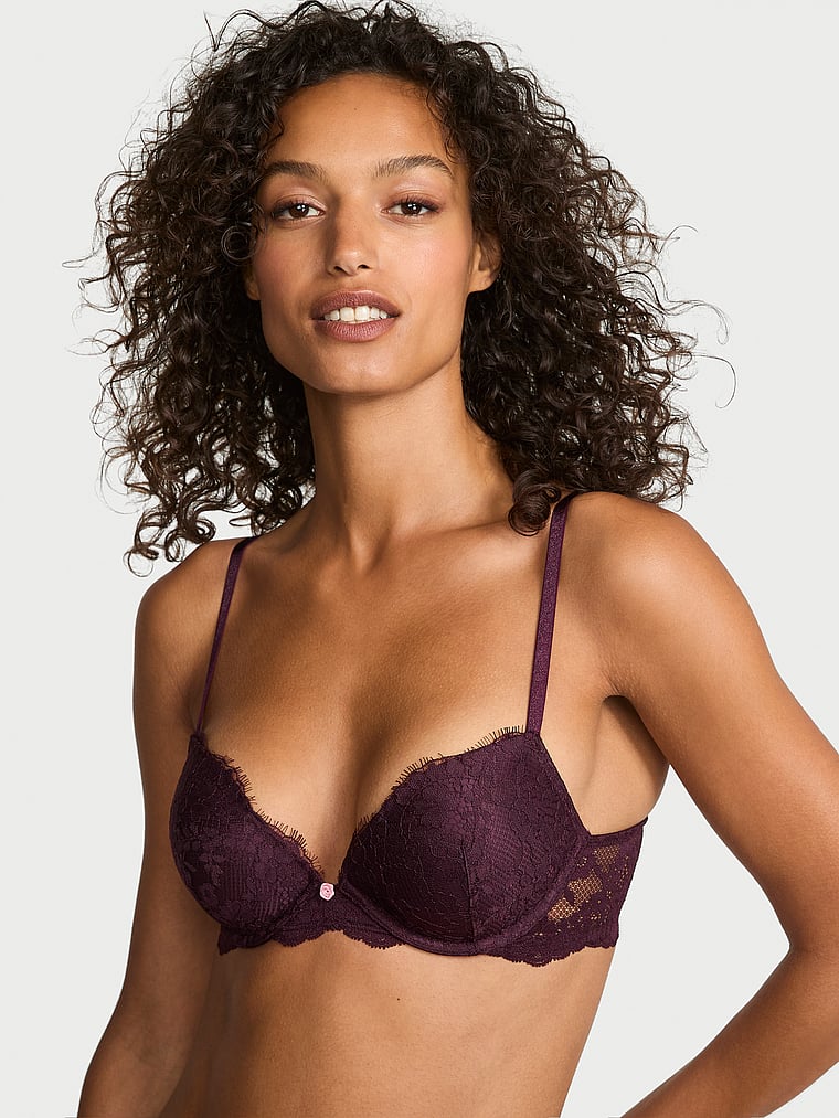 Victoria's Secret, Dream Angels Smooth & Lace Push-Up Bra, Winter Wine, onModelFront, 1 of 5 Nikita  is 5'10" and wears 34B or Small