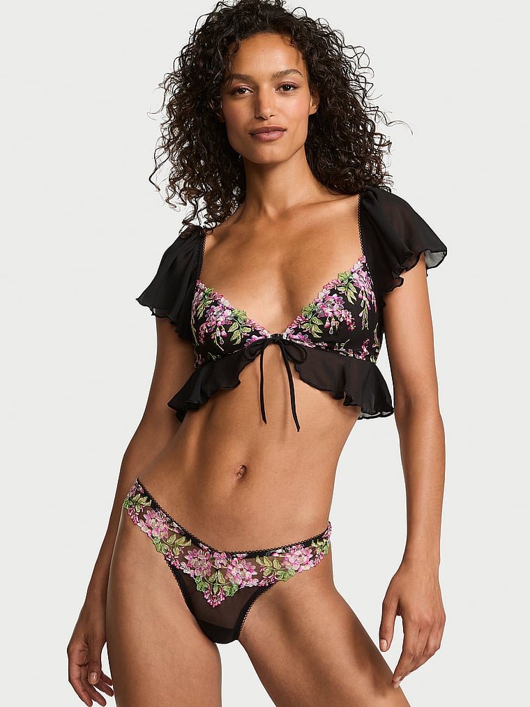 Victoria's Secret, Dream Angels Wisteria Embroidery Flutter Bra Top, Black Wisteria, onModelFront, 1 of 3 Nikita  is 5'10" and wears 34B or Small