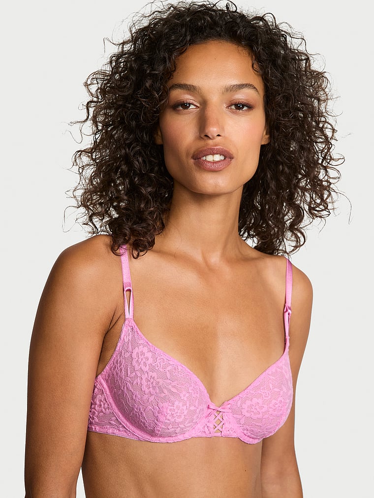 Victoria's Secret, Victoria's Secret Sexy Tee Lacie Lace-Up Unlined Demi Bra, Pink Lilac, onModelFront, 1 of 5 Nikita  is 5'10" and wears 34B or Small