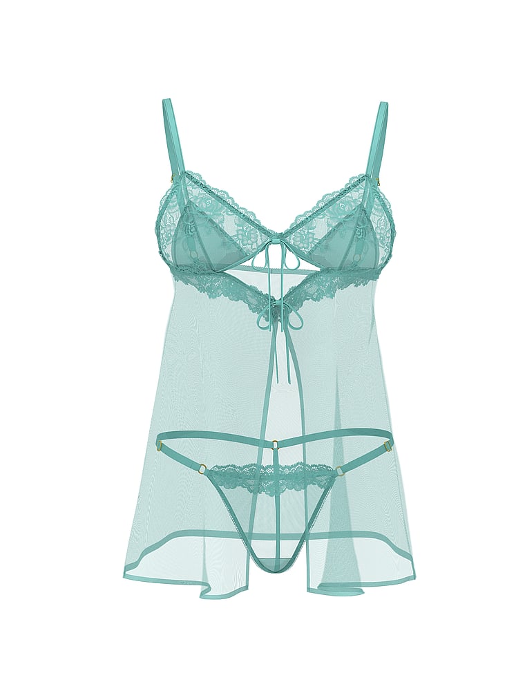 Victoria's Secret, Very Sexy Sheer Rose Lace Triangle Babydoll Set, Dusty Turquoise, offModelFront, 3 of 3