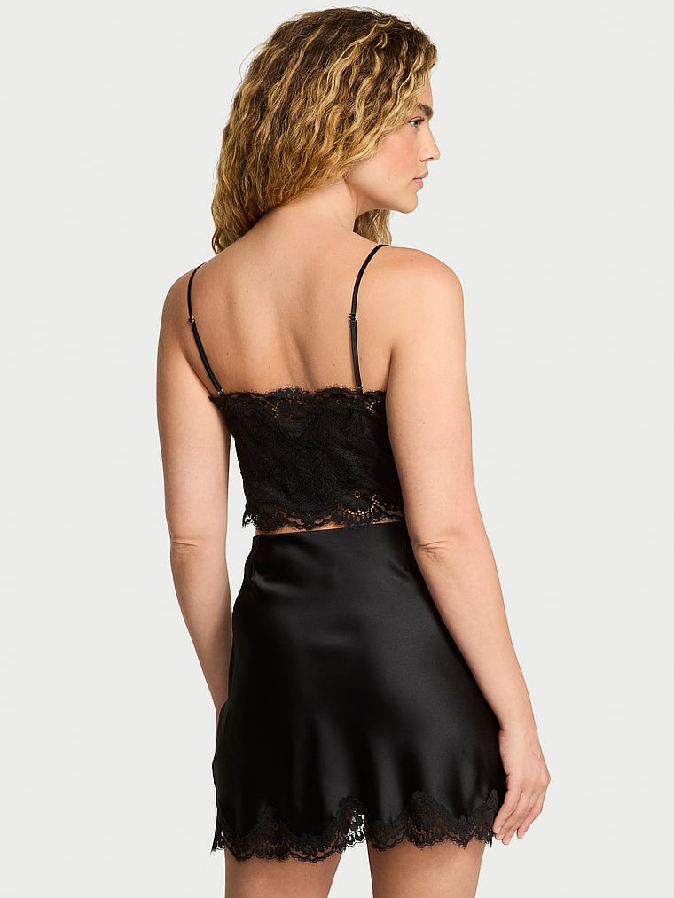 Victoria's Secret, Dream Angels Satin Lace Cami & Mini Skirt Set, Black, onModelBack, 2 of 5 Kiana is 5'9" and wears Small
