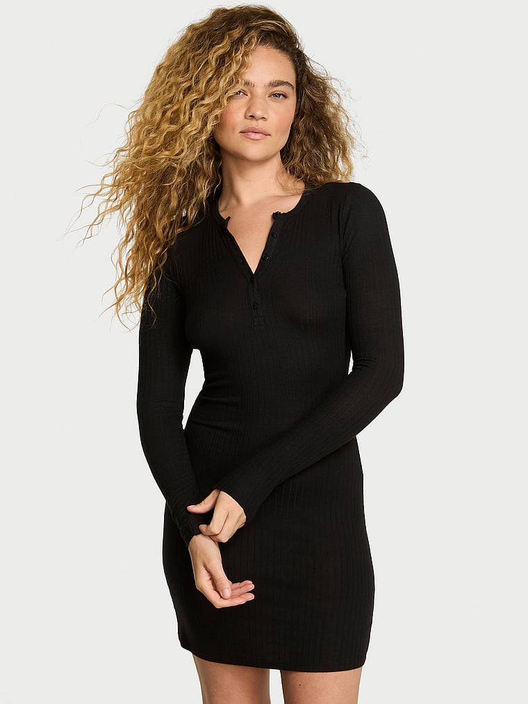 Victoria's Secret, Victoria's Secret Modal Wide-Rib Long-Sleeve Lounge Dress, Black, onModelFront, 1 of 3 Kiana is 5'9" and wears Small