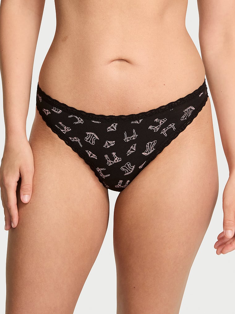 Victoria's Secret, Lace Trim Cotton Lace-Waist Thong, Black Sketch Lingerie, onModelFront, 1 of 3 Kiana is 5'9" or 175cm and wears Small