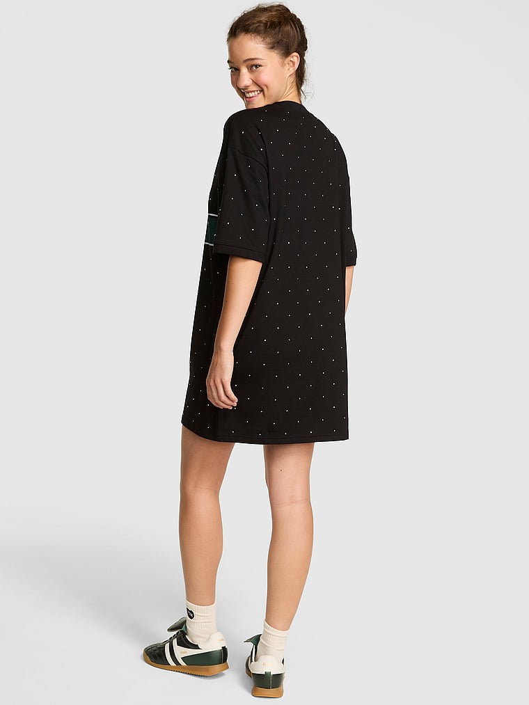 PINK Pima Cotton T-Shirt Dress, Pure black gameday, detail, 2 of 4 Ruby is 5'6" and wears 32A or Small